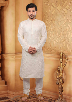 Pure White Color Silk Kurta Set